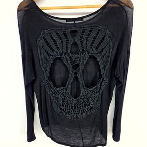 Foreign Exchange Skull Crochet Back Top Womens M Black Long Sleeve Gothic Alt